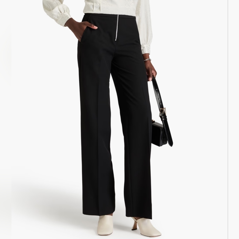FRAME Wide Leg Zip Front Twill Trousers, Structured Black Dress Pants, Sz 10